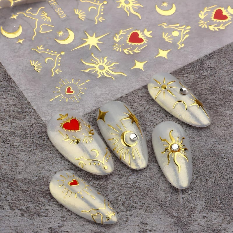 SPLOCUDU 12 Sheets Star Nail Stickers for Nail Art 3D Self-Adhesive Nail Art Stickers Gold Silver Sun Moon Heart Nails Design Decoration Accessories for Women - Image 4